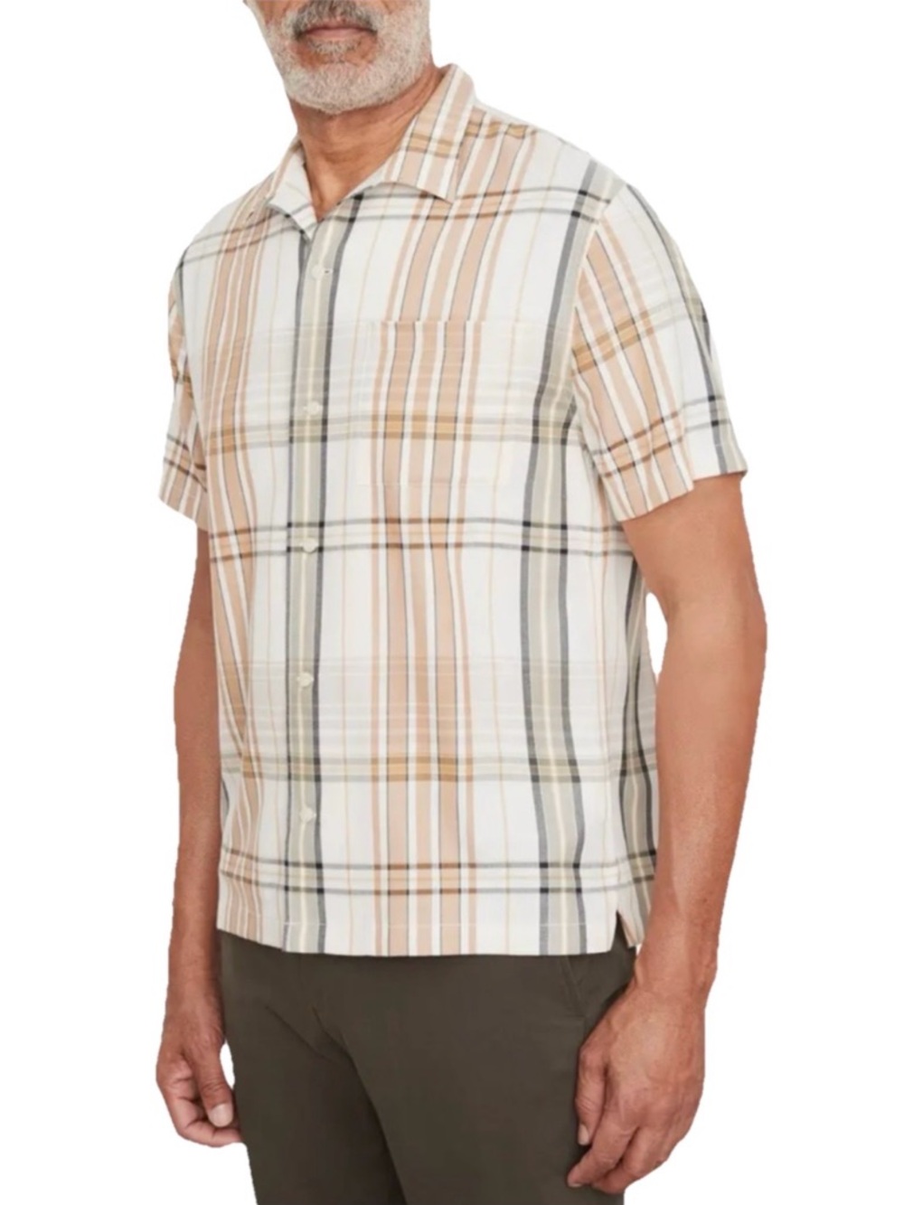 Vince Ibiza Plaid Short Sleeve Button-Up Tan, Cream & Gray Men’s Size Medium